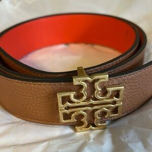 Tory Burch Miller Logo Reversible Leather Belt in Pomander/Moose/Gold